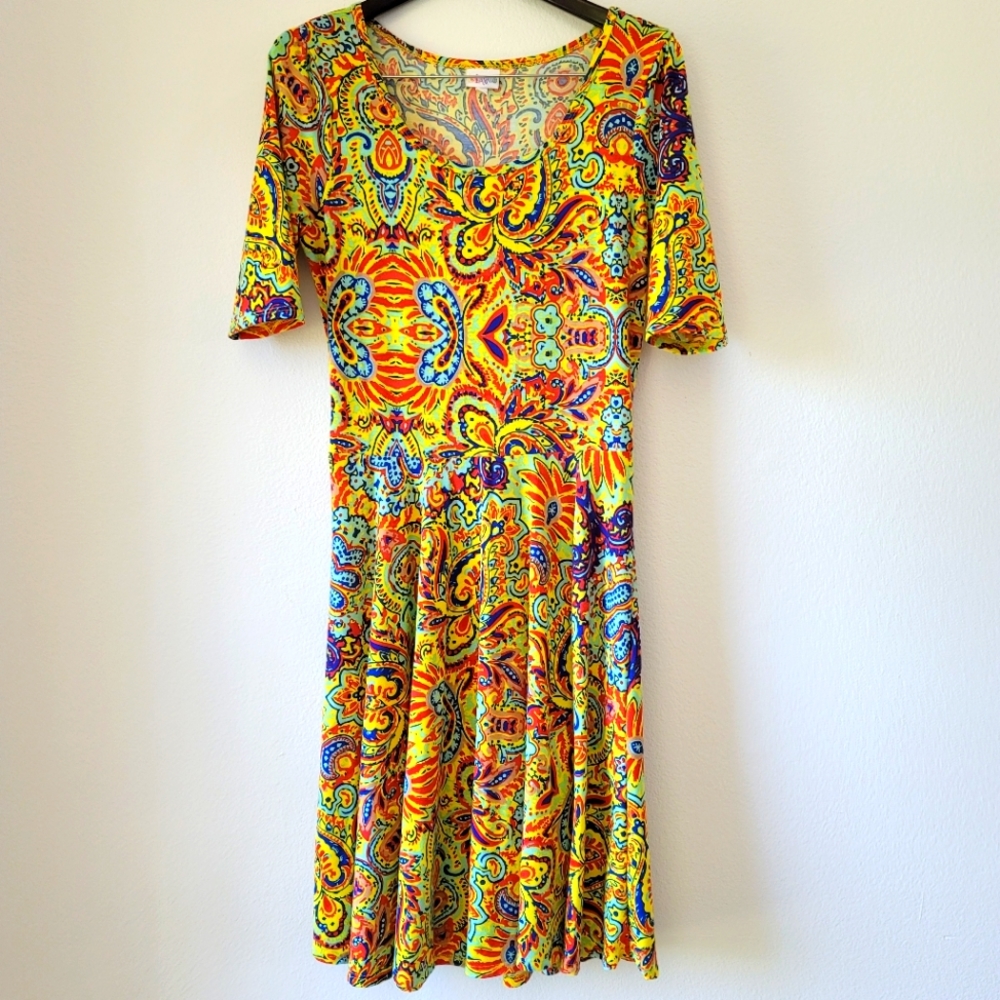 LulaRoe Nicole Yellow L Fit & Flare Dress Large Half Sleeve A Line Stretchy